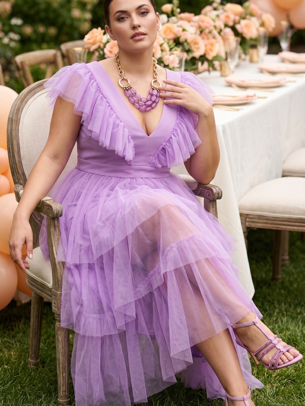 Lavender Tiered Tulle V-Neck Midi Dress